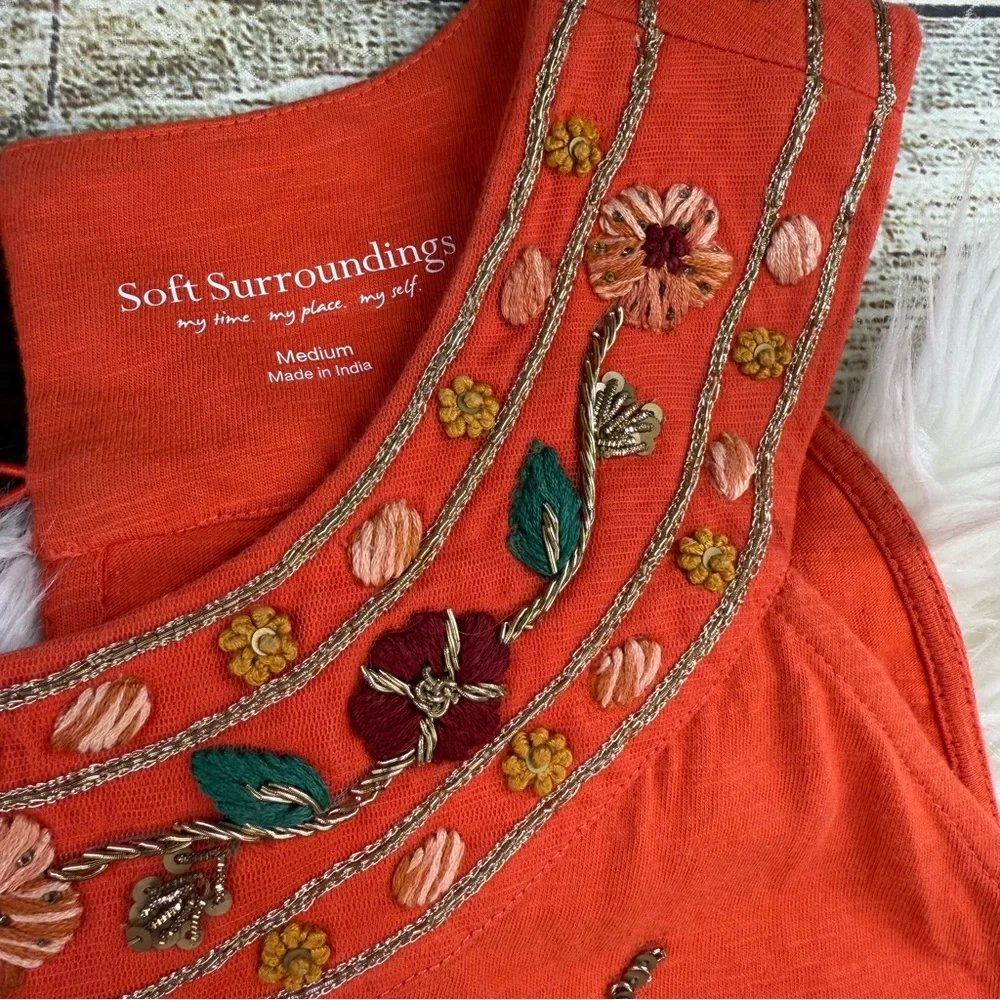 SOFT SURROUNDINGS LIDAH DRESS FLORAL EMBROIDERED FIERY ORANGE - Picture 7 of 10